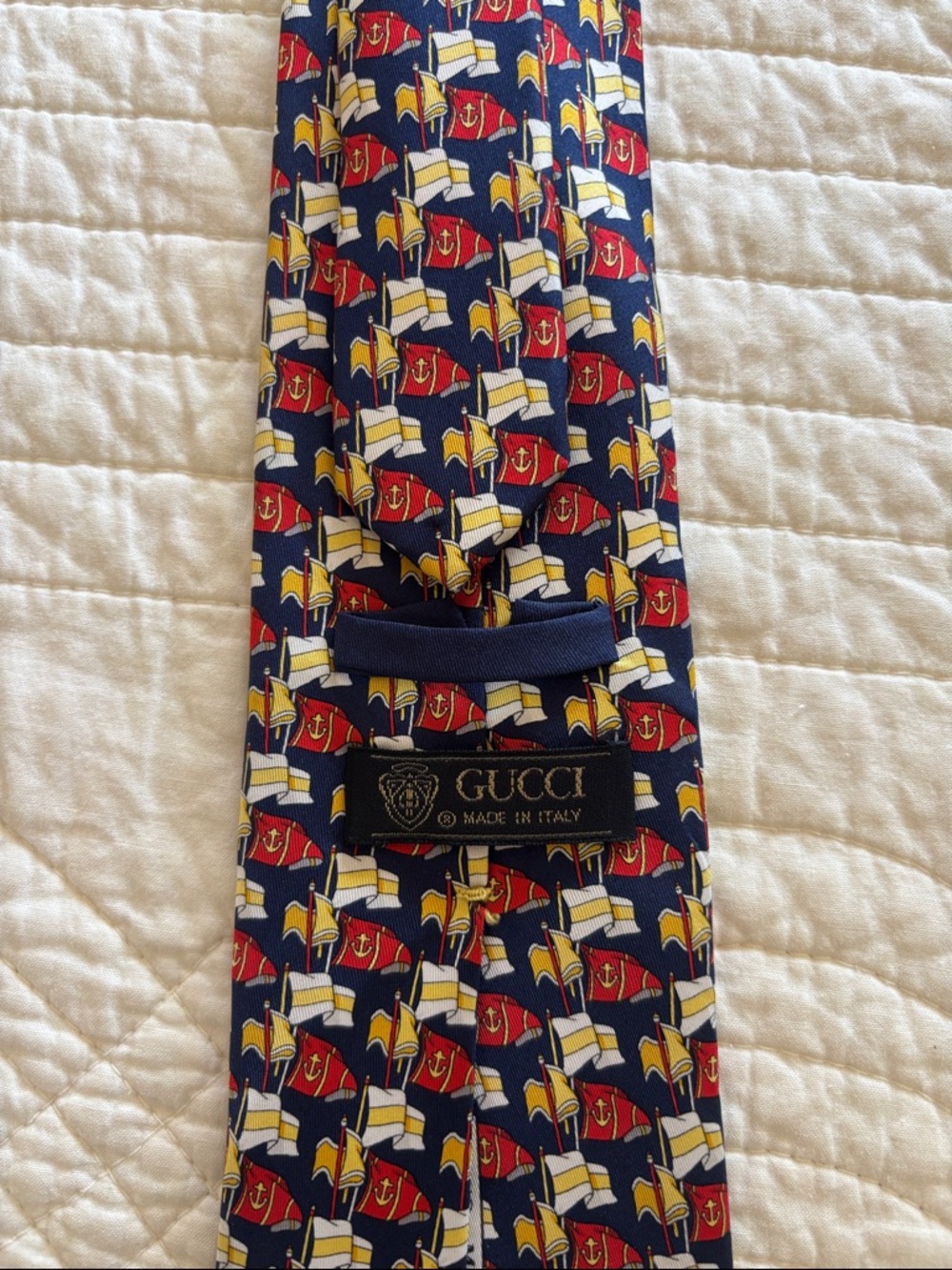 Gucci Navy Silk Tie with Red, Yellow and White Nautical Flags